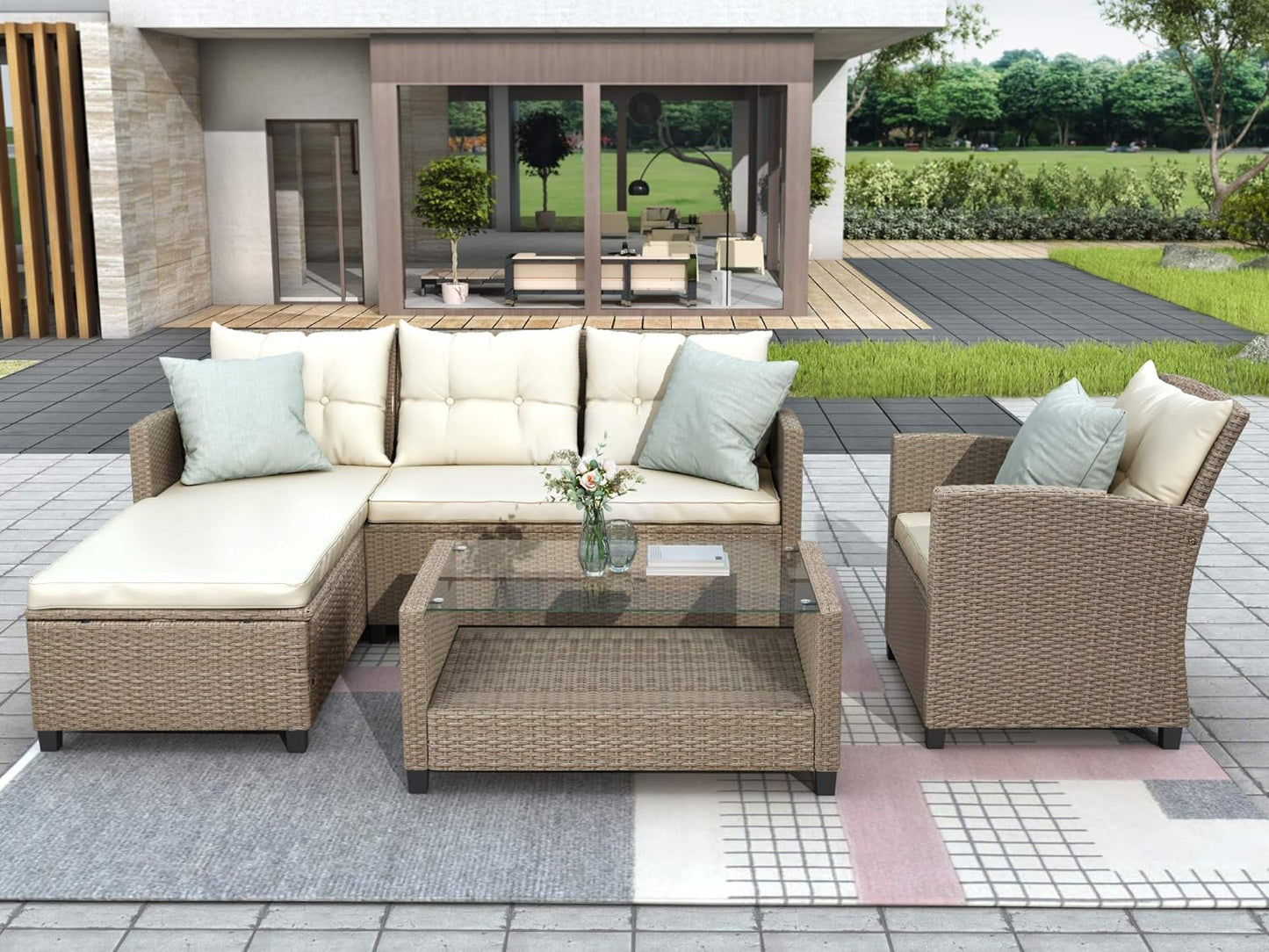 Morhome 5 Pieces Patio Furniture Sets All Weather Wicker Rattan Sectional Sofa Outdoor Conversation with Adustable Backrest, Cushions, Ottomans and Lift Top Coffee Table for Poolside, Garden, Backyard