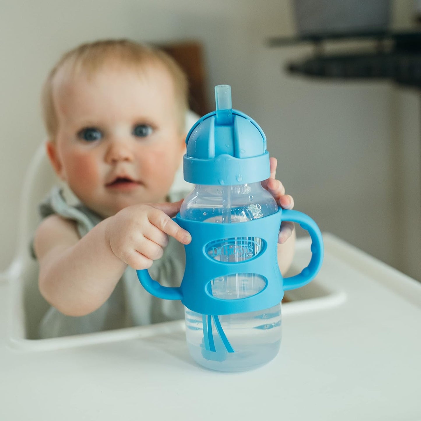 Dr. Brown’s® Milestones™ Narrow Sippy Straw Bottle with 100% Silicone Handles, 8oz/250mL, Gray & Blue, 2 Pack, 6m+