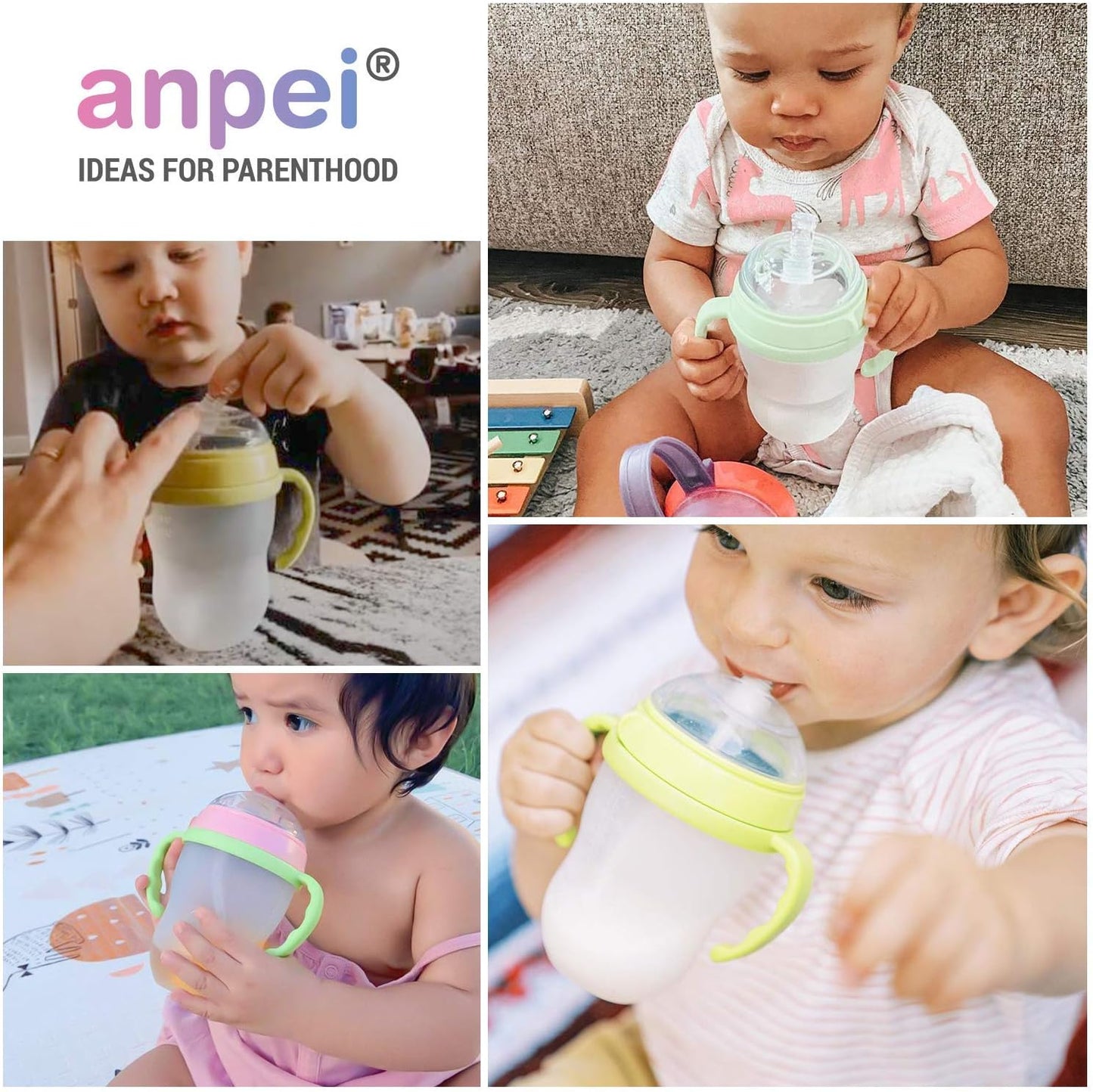 Anpei Straw Sippy Cup Transitional Nipple Kit Bundle Compatible with Comotomo Baby Bottles, 5 oz and 8 oz | Value Bundle 2 Kits + Brushes (Pink)