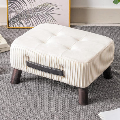 Small foot stool ottoman, Beige PU leather rectangle ottoman footrest, bedside step stool with wood legs, small Rectangular stool, foot rest for couch, small ottoman for desk, living room, bedroom