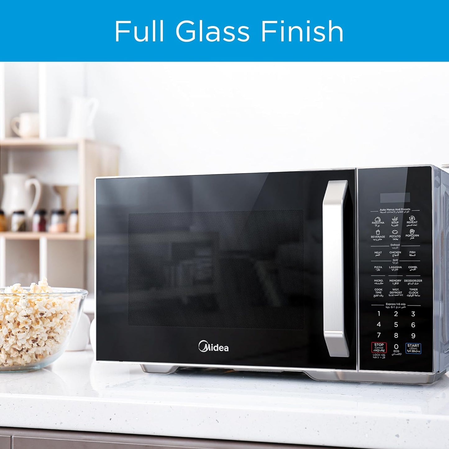 Midea 29L 2-in-1 Microwave Oven with Grill, Digital Touch Control, Child-Safety-Lock, 11 Pre-programmed Menus, LED Display, Grilling Roasting & Cooking Functions, Full Glass Finish - EG9P032MX