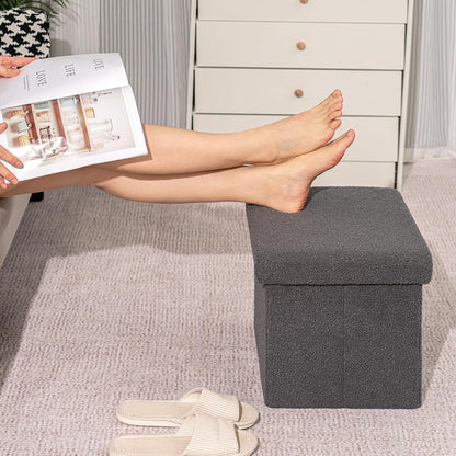 PINPLUS Storage Ottoman Foot Rest Stool, White Folding Sherpa Ottoman, Ottoman with Storage, Teddy Velvet Ottoman for Living Room, Bedroom, Dorm, 16.5" x 12.6" x 12.6"