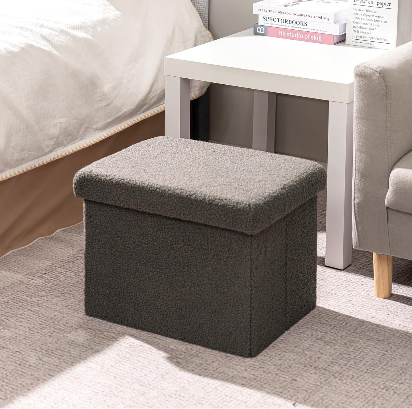 PINPLUS Storage Ottoman Foot Rest Stool, White Folding Sherpa Ottoman, Ottoman with Storage, Teddy Velvet Ottoman for Living Room, Bedroom, Dorm, 16.5" x 12.6" x 12.6"