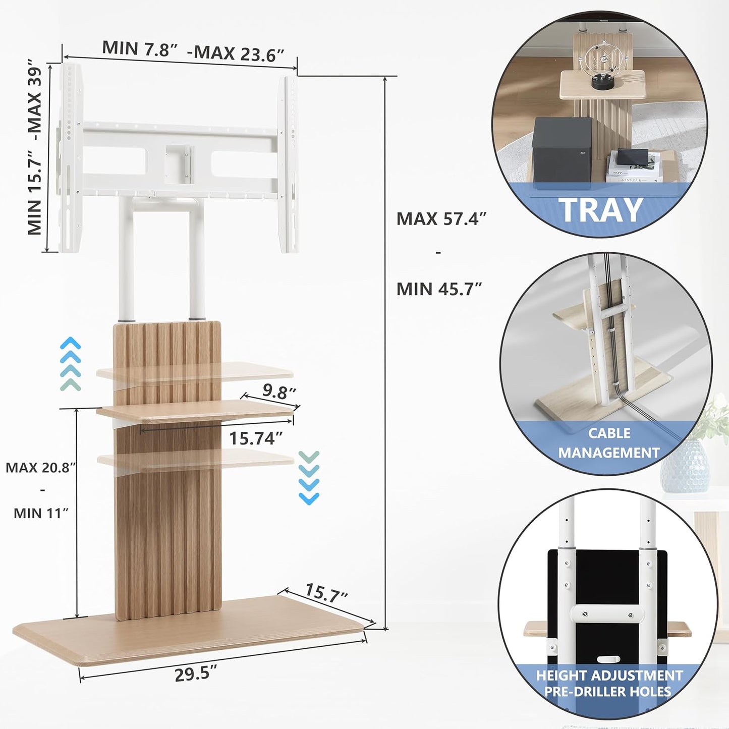 Fydeamer Universal Floor TV Stand with Wheels, Modern Height Adjustable Swivel TV Mount for 32-70 inches Flat Curved Screens VESA Mount Wood TV Stand with Storage