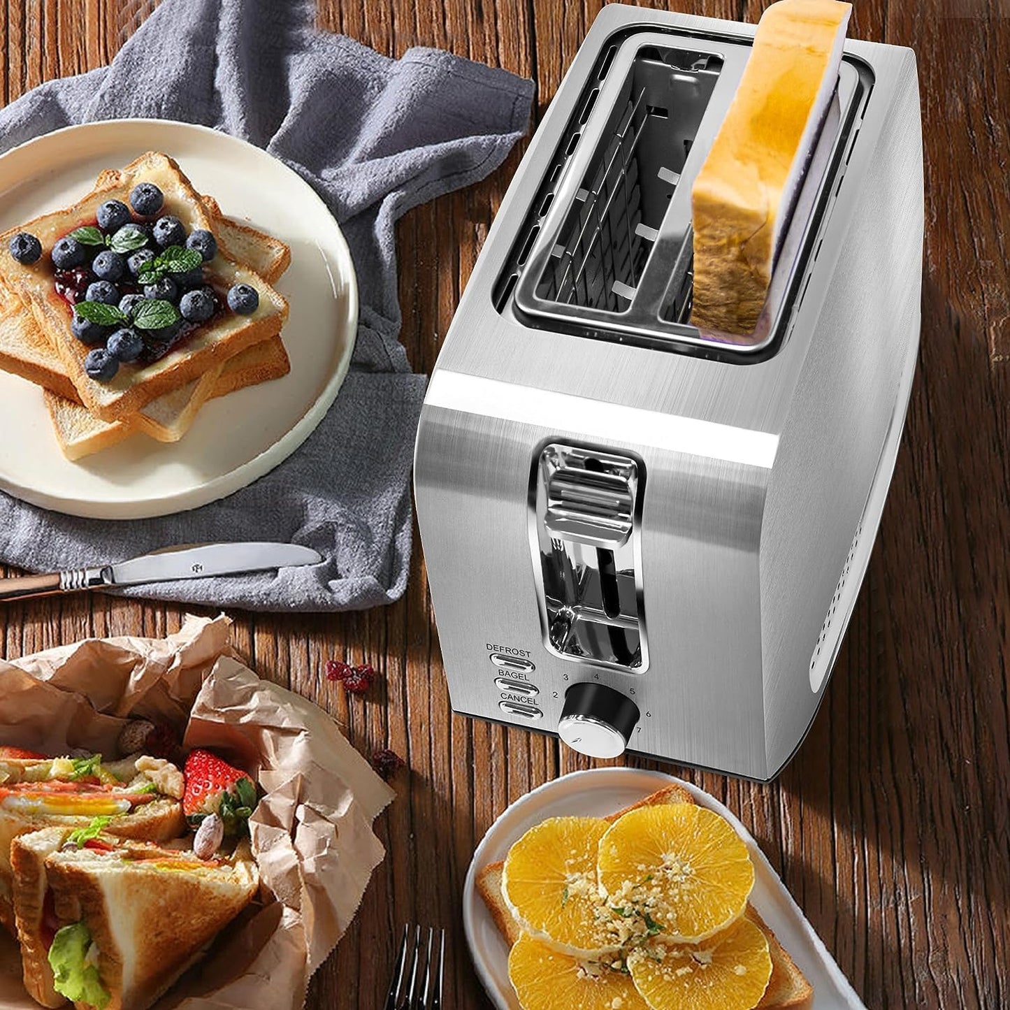 Toaster 2 Slice, Stainless Steel Bread Toasters, 7-Shade Settings, Reheat, Defrost, Cancel Function, with Removal Crumb Tray