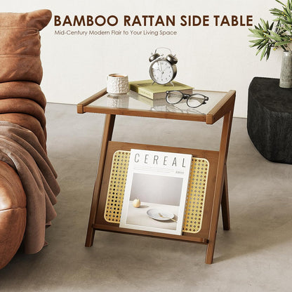 Bamworld Rattan Side Table Boho NightStand Mid Century Modern End Table Glass Bedside Table Small End Tables Bamboo Coffee Table with Storage for Living Room Bedroom, Bamboo Brown (A1)