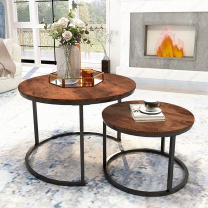 ARFARLY Round Coffee Table Set of 2 End Tables for Living Room, Nesting Coffee Table Wooden Accent Furniture with Golden Metal Frame,Stacking Side Tables