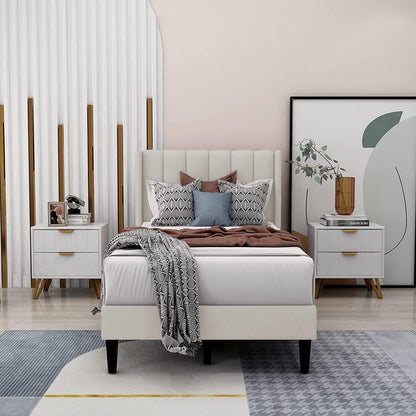 Wooden Twist Modern Rectangular Velvet Upholstery Bed with Soft Wingback Headboard Transform Your Bedroom Into a Sanctuary of Comfort and Style with Our Upholstery Bed (Beige) (Twin)