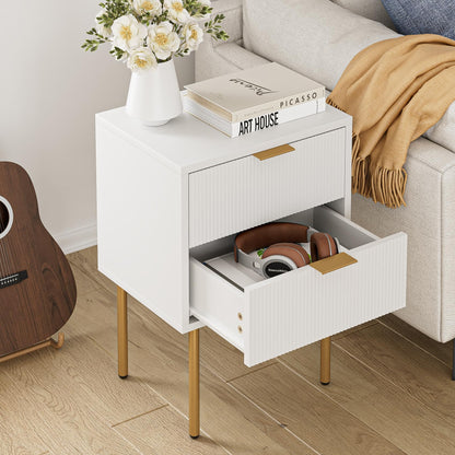 Aobafuir Nightstand, 2 Drawer Dresser for Bedroom, Small Side Table with 2 Drawers, Bedside Furniture, Night Stand, End Table with Gold Frame for Bedroom, Living Room, White Stripe