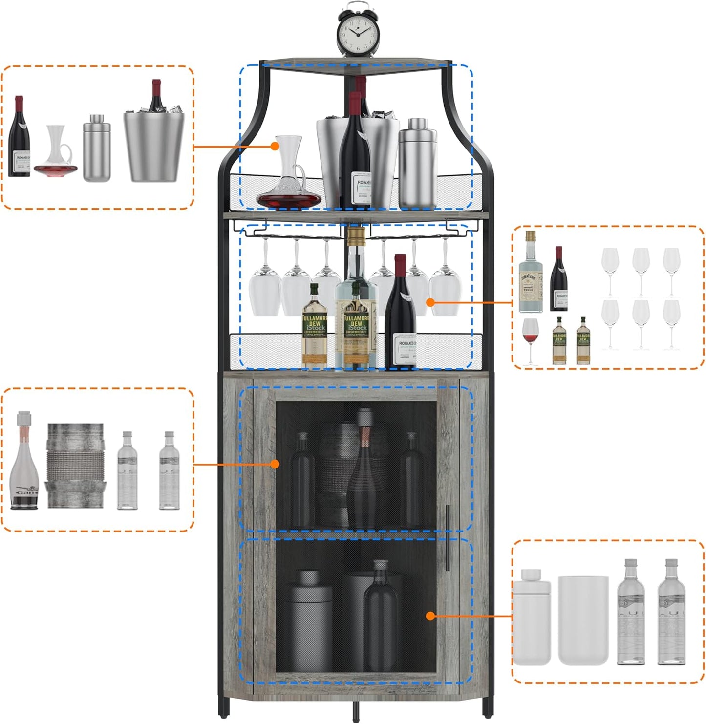 IDEALHOUSE Corner Wine Bar Cabinet with Detachable Wine Rack, Bar Cabinet with Glass Holder, Small Sideboard and Buffet Cabinet with Mesh Door (Grey)