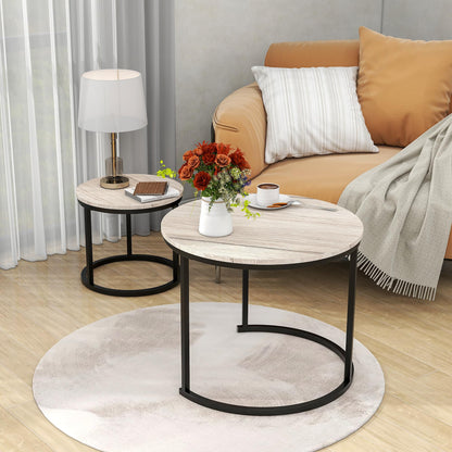 HOJINLINERO Nesting Round Coffee Table Set of 2 End Tables for Living Room,Grey Coffee Table Wooden Accent Furniture with Metal Frame,Stacking Side Tables,Black+Warm Grey