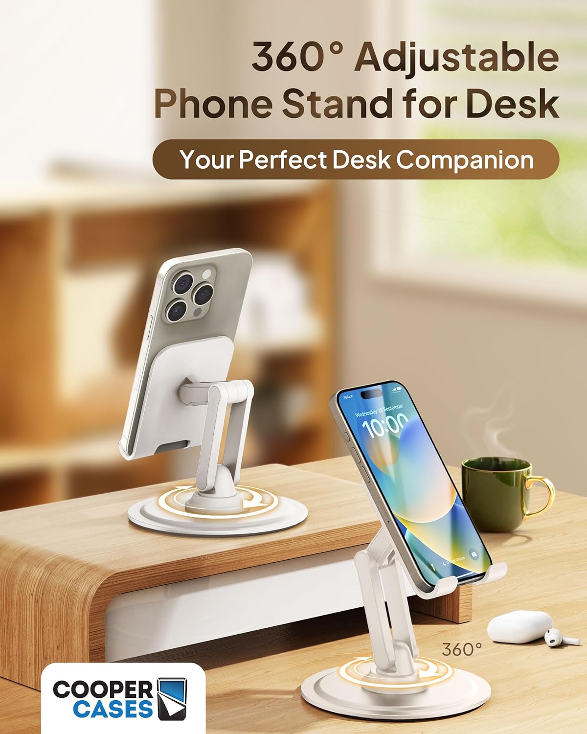 Cooper 360 Stand - Adjustable Cell Phone Stand for Desk | 360 Click-Rotating, Multi-Angle, Non-Slip Metal Base, Foldable & Portable | iPhone Stand for Desk, Cell Phone Stand Holder (Piano Black)