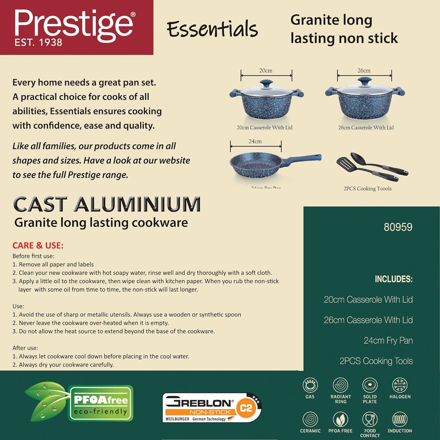 Prestige Essentials Granite 7 Piece Non-Stick Cast Aluminium Cookware sets | Induction Base | Non Stick Aluminium | Granite Casserole | Fry Pan - Green