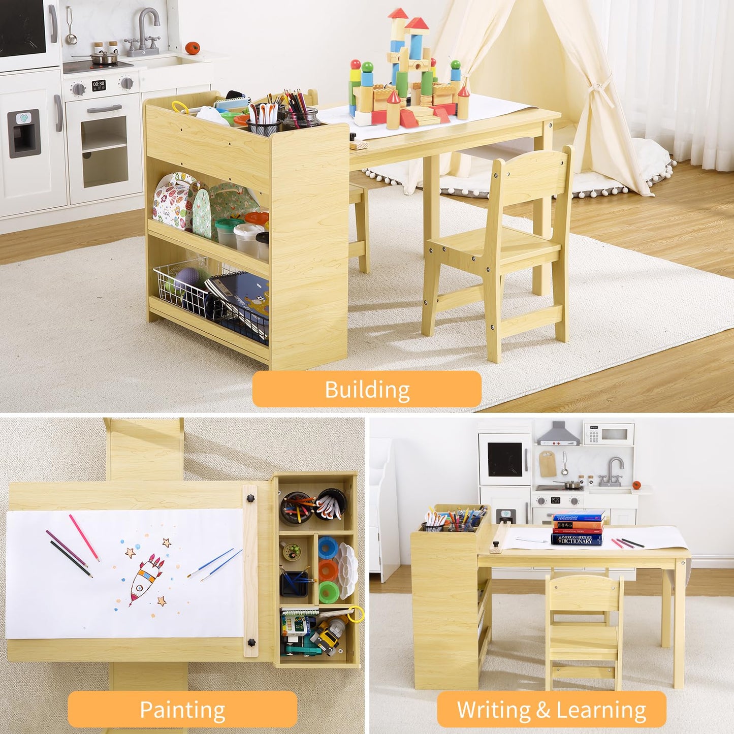 GAOMON Kids Art Table and 2 Chairs, Craft Table with Large Storage Shelves,Toddler Wooden Drawing Desk Activity & Crafts Children's Wooden Furniture for Classroom Daycares,Home