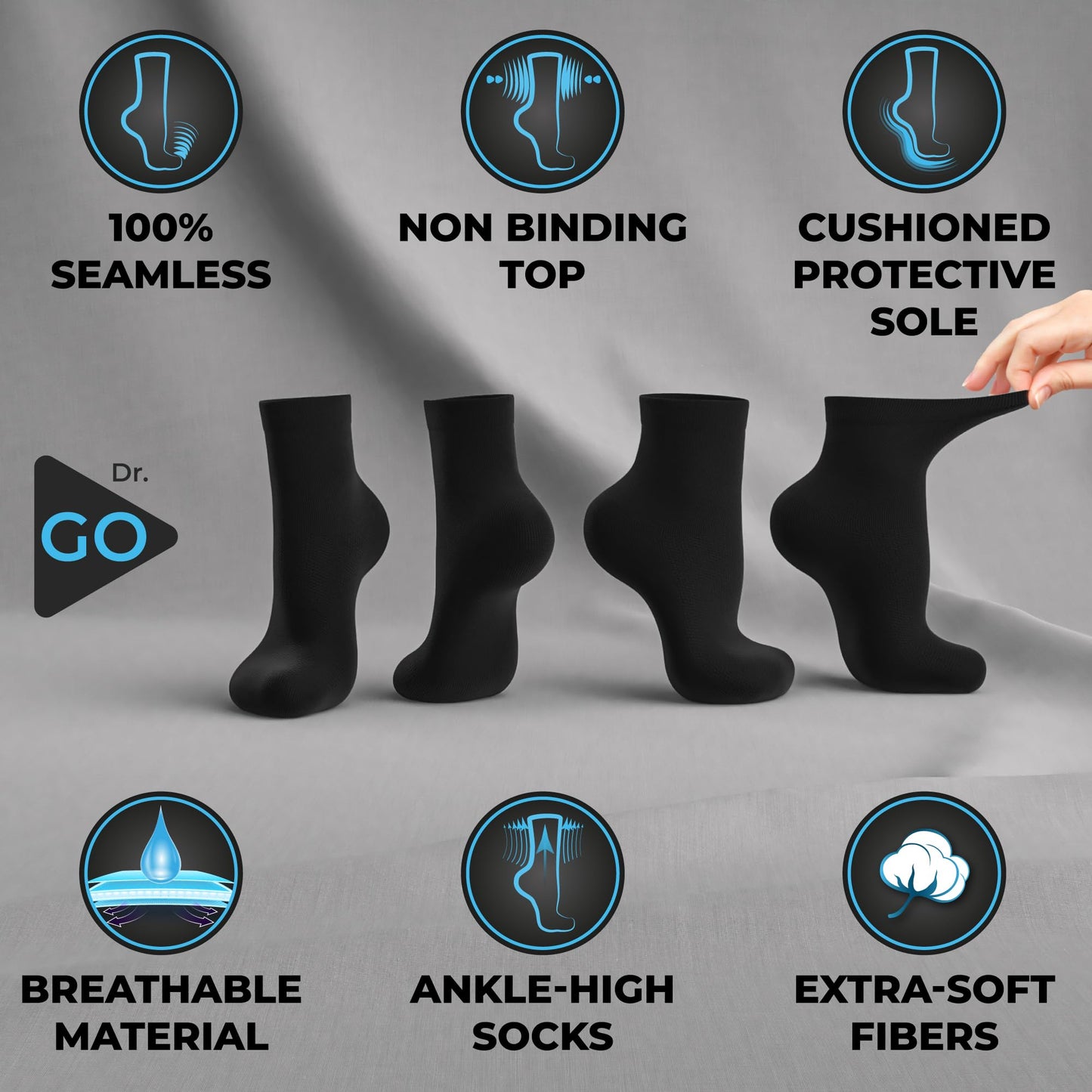 DR. GO Neuropathy Socks for Men [100% Seamless] Soft Diabetic Socks with Non-Binding Top, Enhance Blood Circulation, Protective Sole for Diabetic Foot, 4 Pairs in Black, Size 10-13