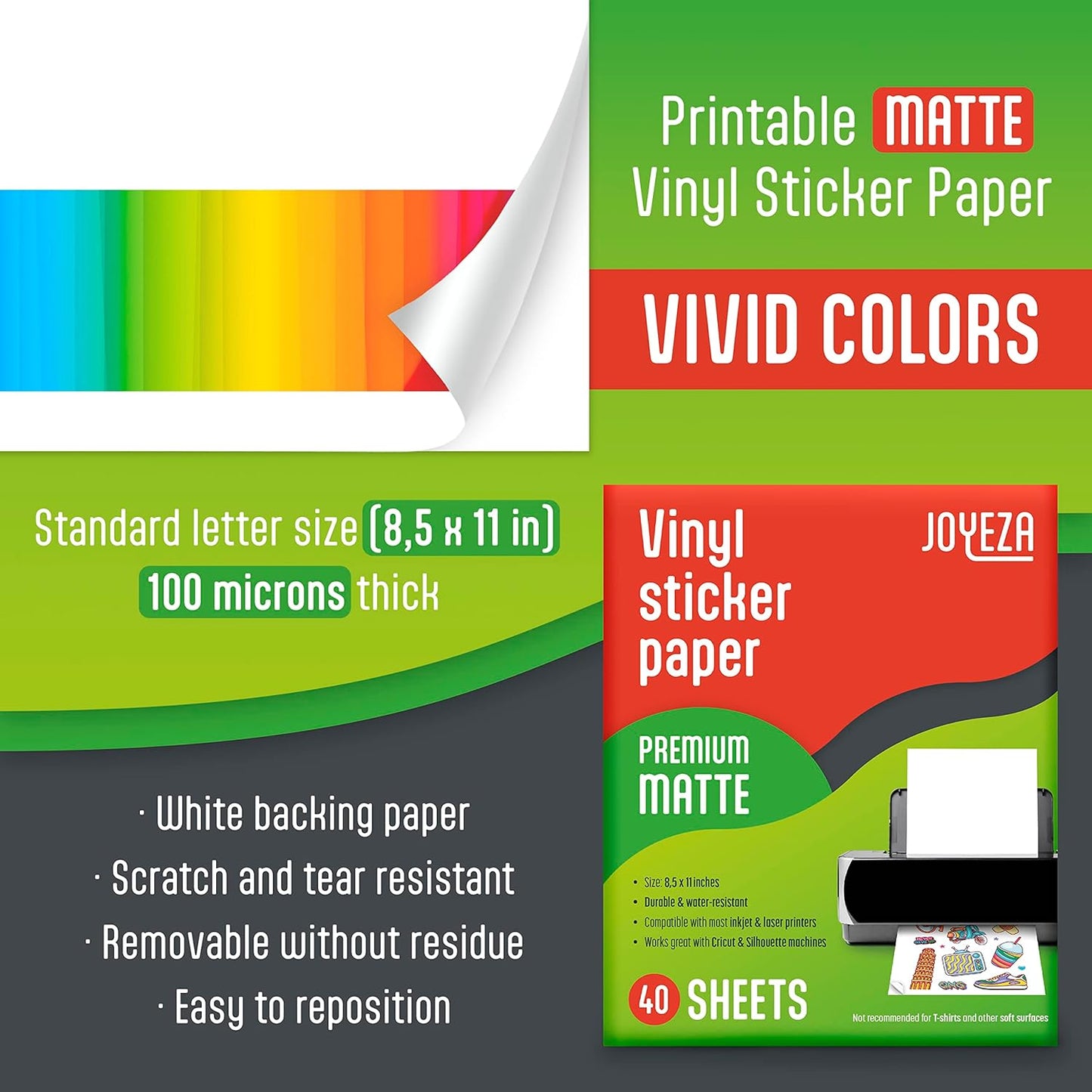 JOYEZA Premium Printable Vinyl Sticker Paper for Inkjet Printer - 25 Sheets Matte White Waterproof, Dries Quickly Vivid Colors, Holds Ink well- Tear Resistant & Laser