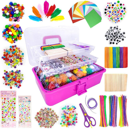 Jorunb 1405 Pcs Art and Craft Supplies for Kids, Toddler DIY Craft Art Supply Set Included Pipe Cleaners, Pom Poms, Feather, Folding Storage Box - All in One for Craft DIY Art Supplies, Rose Red