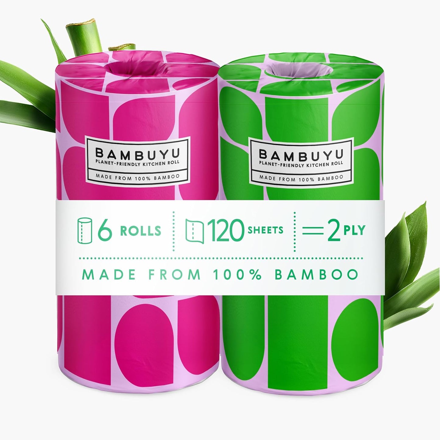 Bambuyu – Bamboo Kitchen Paper Towel | 6 Rolls (2-ply, 120 sheets) | Eco-Friendly, Plastic-free, Absorbent, Family-safe