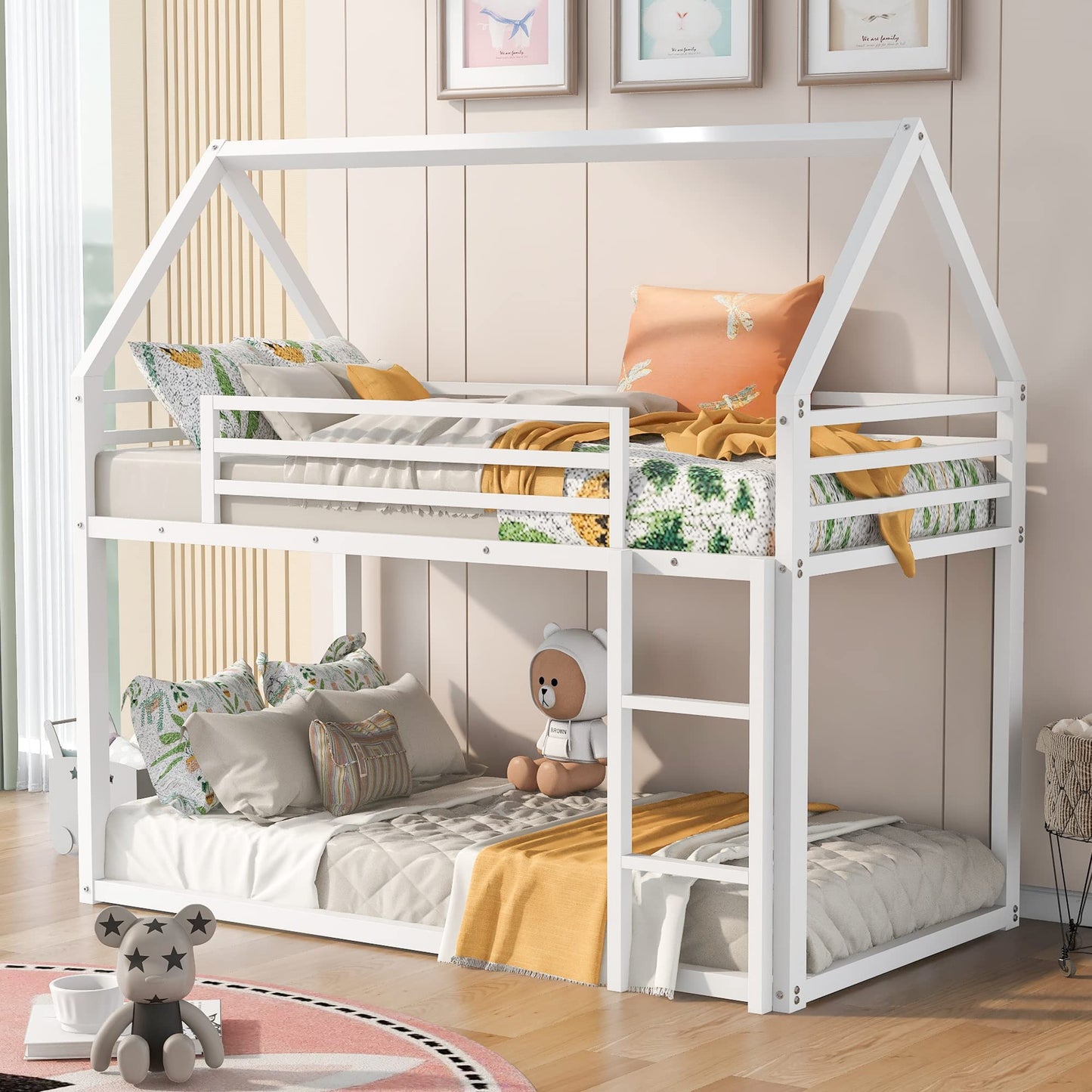 Lostcat Twin Over Twin Low Bunk Bed, House Bed for Kids, House-Shaped Solid Pine Wood Bed Frame w/Safety Guardrail & Ladder, No Box Spring Needed, for Girls, Boys - White