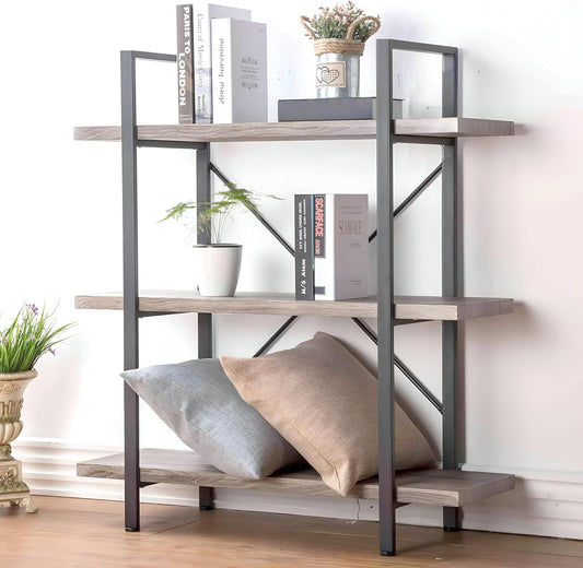 REKO - 3 Tier Storage Organizer Shelf, Industrial Shelves for Storage and Display, Modern Bookshelf for Living Room, Office Wood Shelves, Ladder Shelf for Home Organization or Decor (Grey)