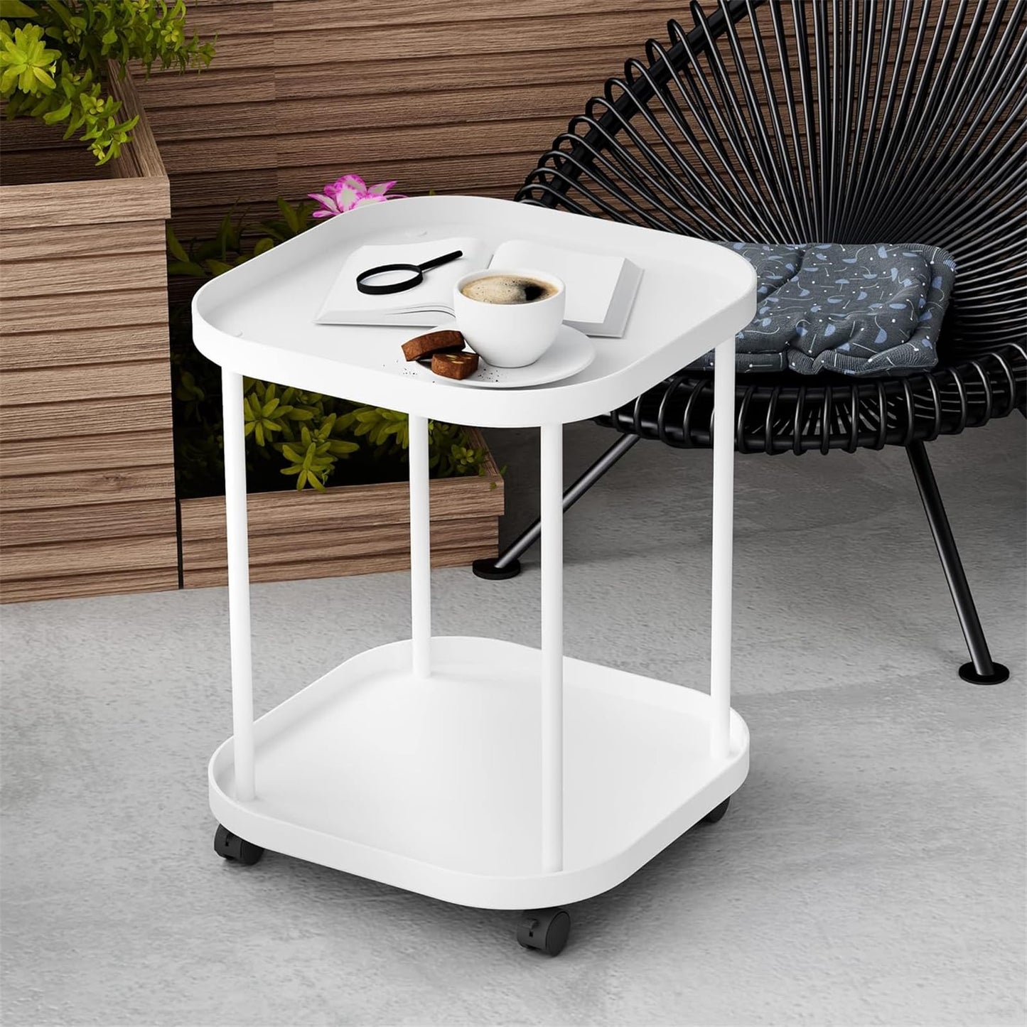 TAME End Table, 2 Tier Side Table for Living Room, Folding Round Plastic End Table Small Nightstand Accent Side Table with Wheels, Portable Side Table for Bedroom Kitchen Sofa (white)