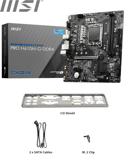 MSI Pro H610M-G DDR4 Micro-ATX Motherboard, Socket LGA 1700, H610 Chipset, 1x Intel I219V Gigabit LAN Controller, 2 DIMM Slots, M.2 Slot, PCI-E X16, SATA III, HDMI, VGA, DP