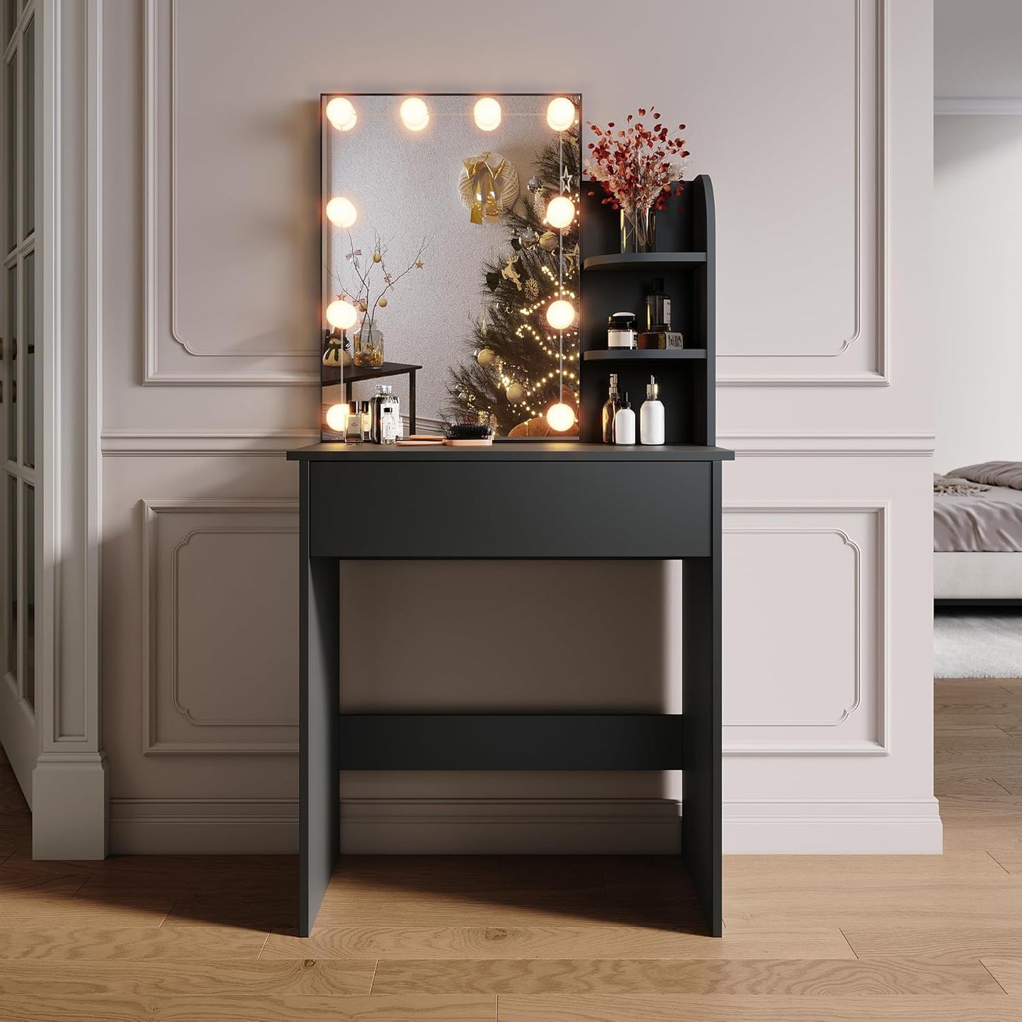 SONNI Dressing Table with LED Lighting and HD Mirror, with 10 Adjustable Brightness, 3 Colours, Dressing Tables with Drawers for Bedroom, 3 Open Compartments, Black, 70 x 40 x 140 cm