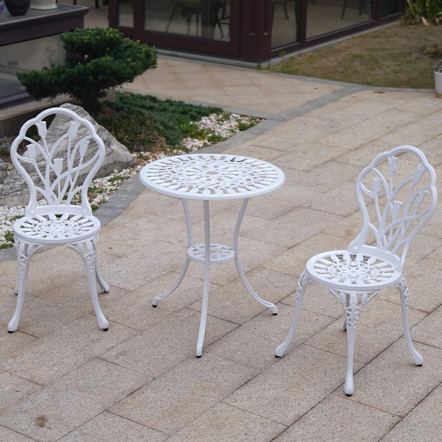 KAI LI Patio Bistro Sets 3 Piece cast Aluminum Patio Furniture Outdoor Garden Metal Rust Proof Tables and Chairs White bisrto Set (Big Tulip-White)