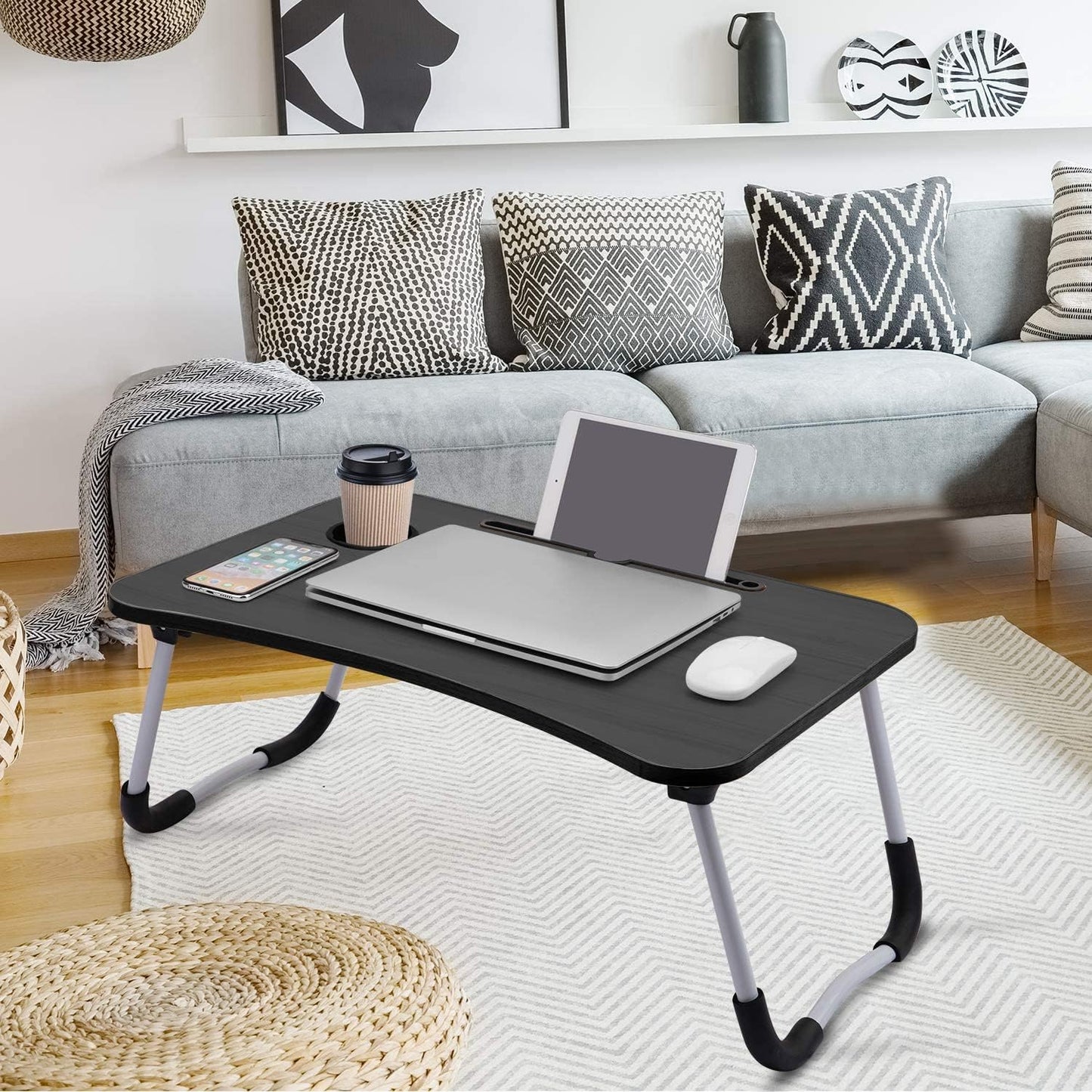 SKY-TOUCH Portable Folding Laptop Desk for Bed，With iPad and Cup Holder Adjustable Lap Tray Notebook Stand， Foldable Non-Slip Legs Reading Table Tray for working，studying，camping 60x40x28cm Black