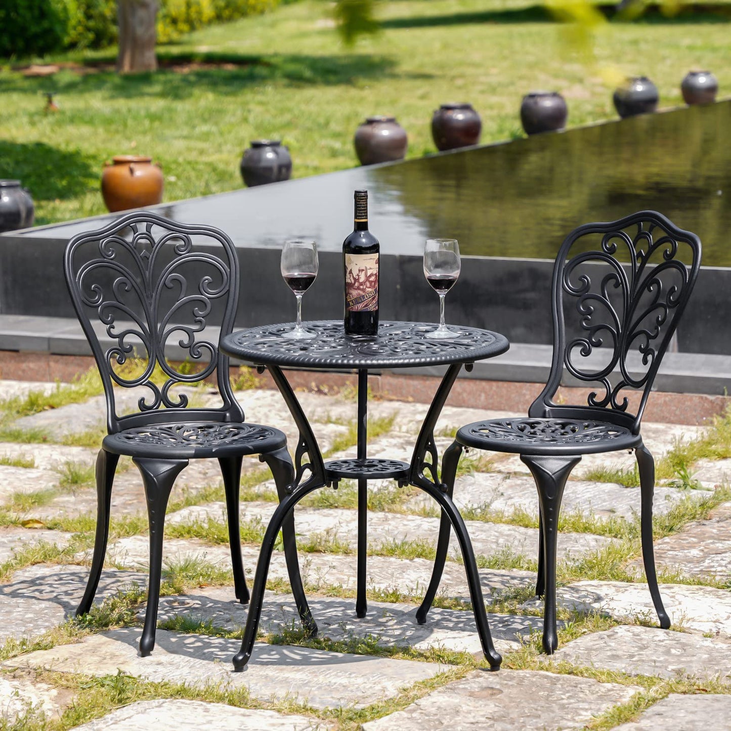 Withniture Bistro Table and Chairs Set of 2 Outdoor 3 Piece Bistro Sets Cast Aluminum Patio Bistro Set with Umbrella Hole, Patio Set for Garden, Black