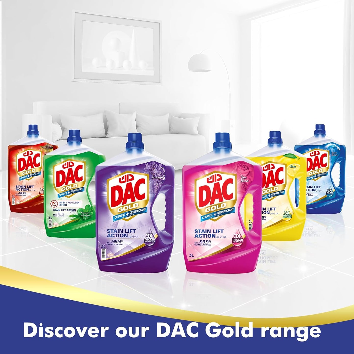 DAC Gold Multi-Purpose Disinfectant & Liquid Cleaner, with 3X thicker formula (kills 99.9% of germs), Insect Repellent effect, 3L + 1L