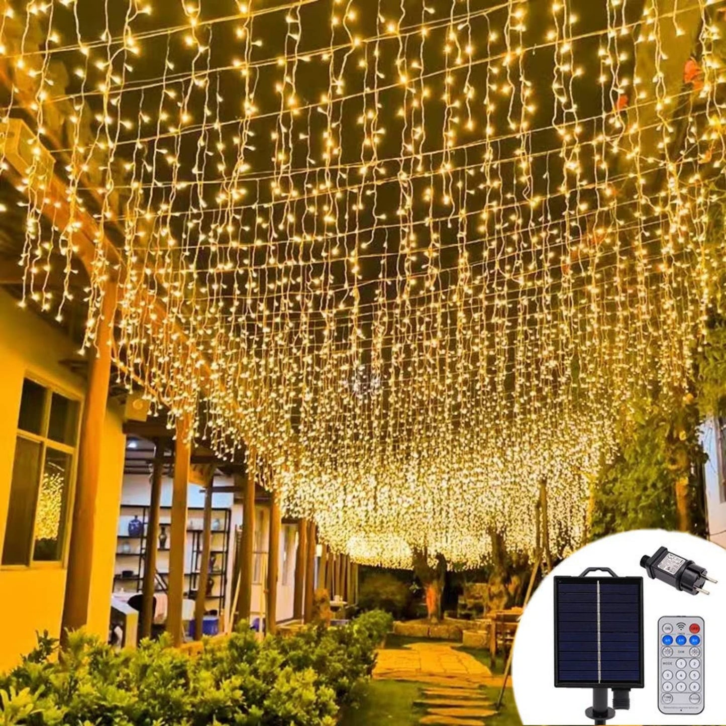 AUTOYSUR 16.4ft 256 LEDs Solar Icicle String Lights 8 Modes Waterproof Icicle Christmas Lights Outdoor Curtain Fairy Lights, Window Bedroom Wedding LED Waterfall Decorations Lights