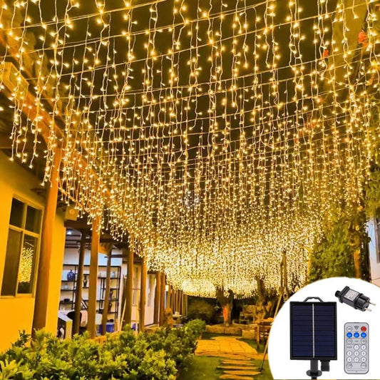 AUTOYSUR 16.4ft 256 LEDs Solar Icicle String Lights 8 Modes Waterproof Icicle Christmas Lights Outdoor Curtain Fairy Lights, Window Bedroom Wedding LED Waterfall Decorations Lights