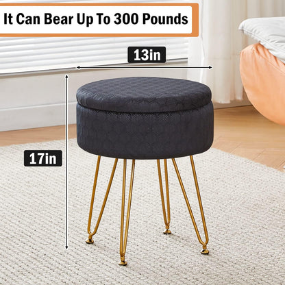 Cpintltr Footrest Footstools Round Velvet Ottoman with Storage Space Soft Vanity Chair with Memory Foam Seat Small Side Table Hallway Step Stool 4 Gold Metal Legs with Adjustable Footings Champagne