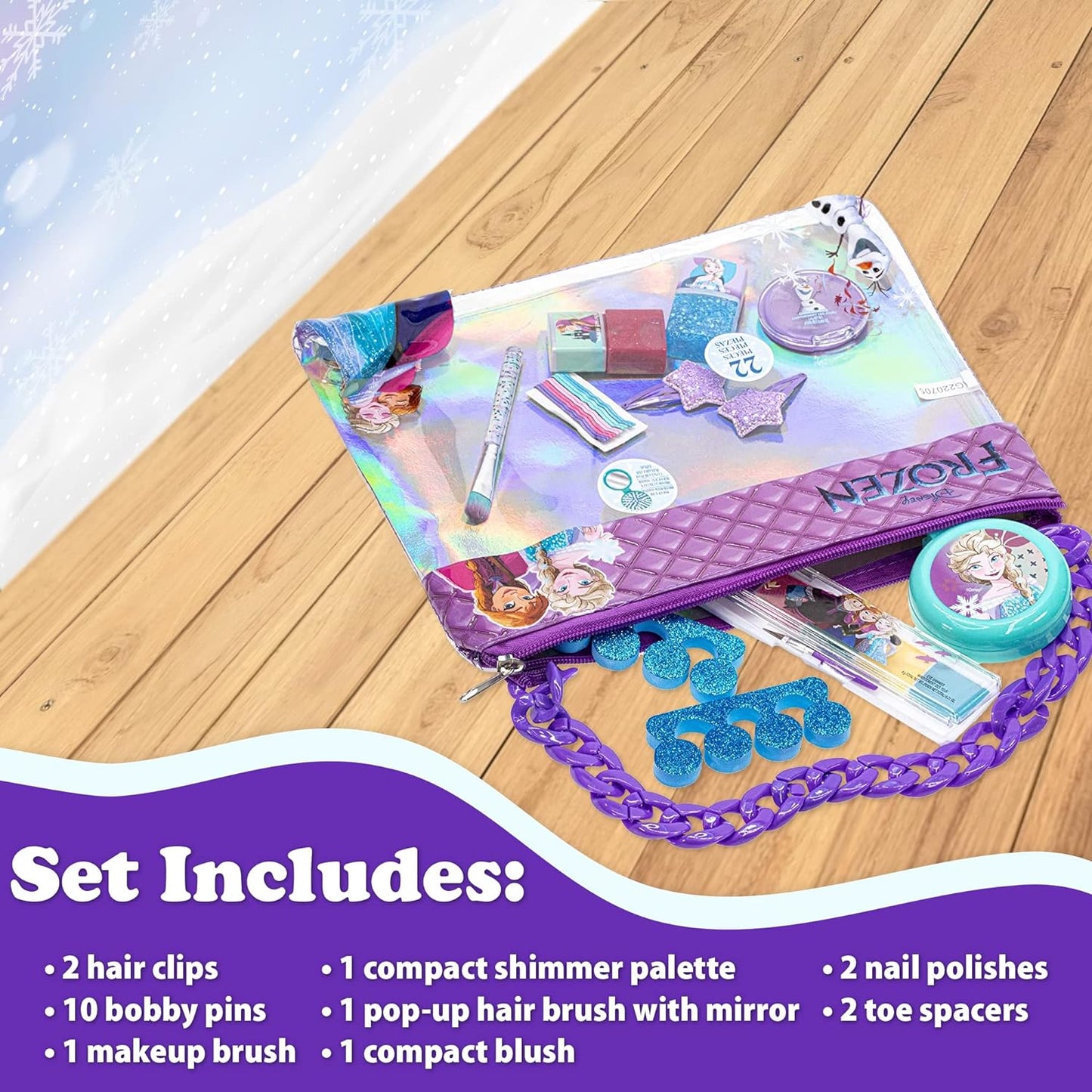 Townley Girl Disney Frozen - Townley Girl Fashion Chain Bag with Peel- Off Nail Polish, Eyeshadow, Hair Accessories, Hair Brush and More, with Rainbow Chain for Girls, Ages 6+