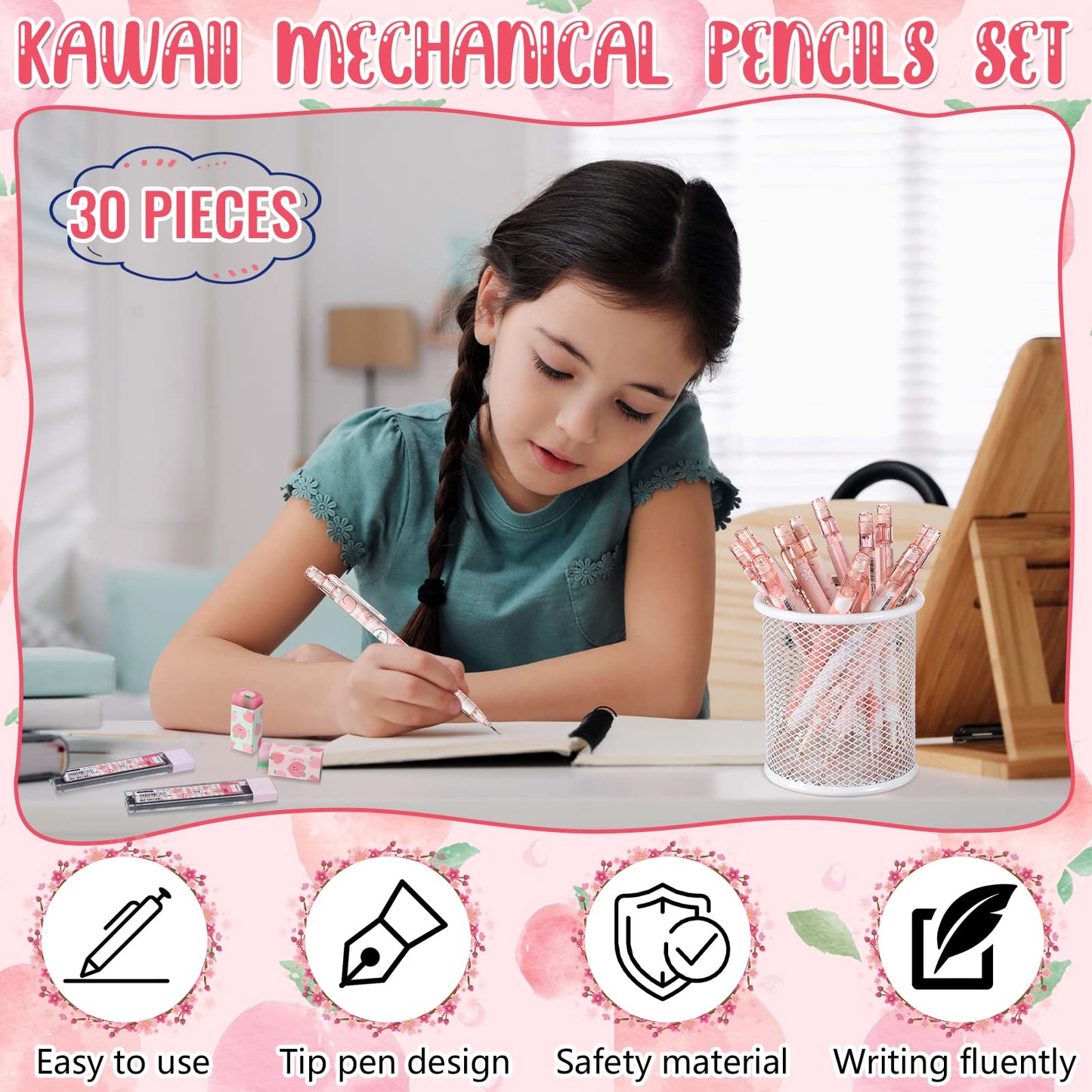 Sabary Kawaii Mechanical Pencil Set Include Peach Mechanical Pencils with Tubes 0.5 mm Pencil Refills and Cute Juice Peach Erasers School Supplies for Sketching Architecture Drawing (15 Pcs)