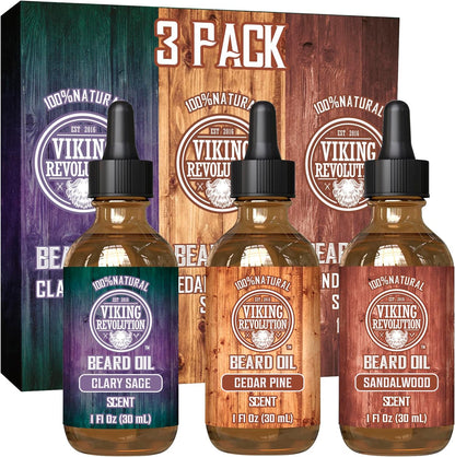 Beard Oil Conditioner 3 Pack - All Natural Variety Gift Set - Sandalwood, Pine & Cedar, Clary Sage Conditioning and Moisturizing for a Healthy Beards, Great Gift Item by Viking Revolution