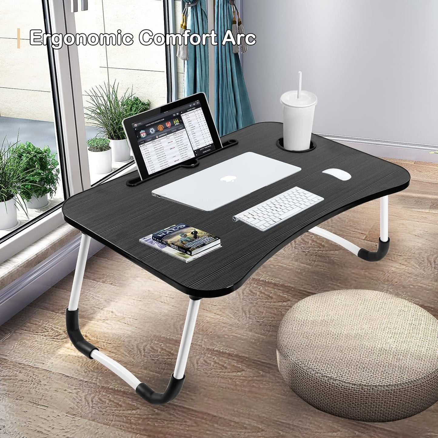 SKY-TOUCH Portable Folding Laptop Desk for Bed，With iPad and Cup Holder Adjustable Lap Tray Notebook Stand， Foldable Non-Slip Legs Reading Table Tray for working，studying，camping 60x40x28cm Black