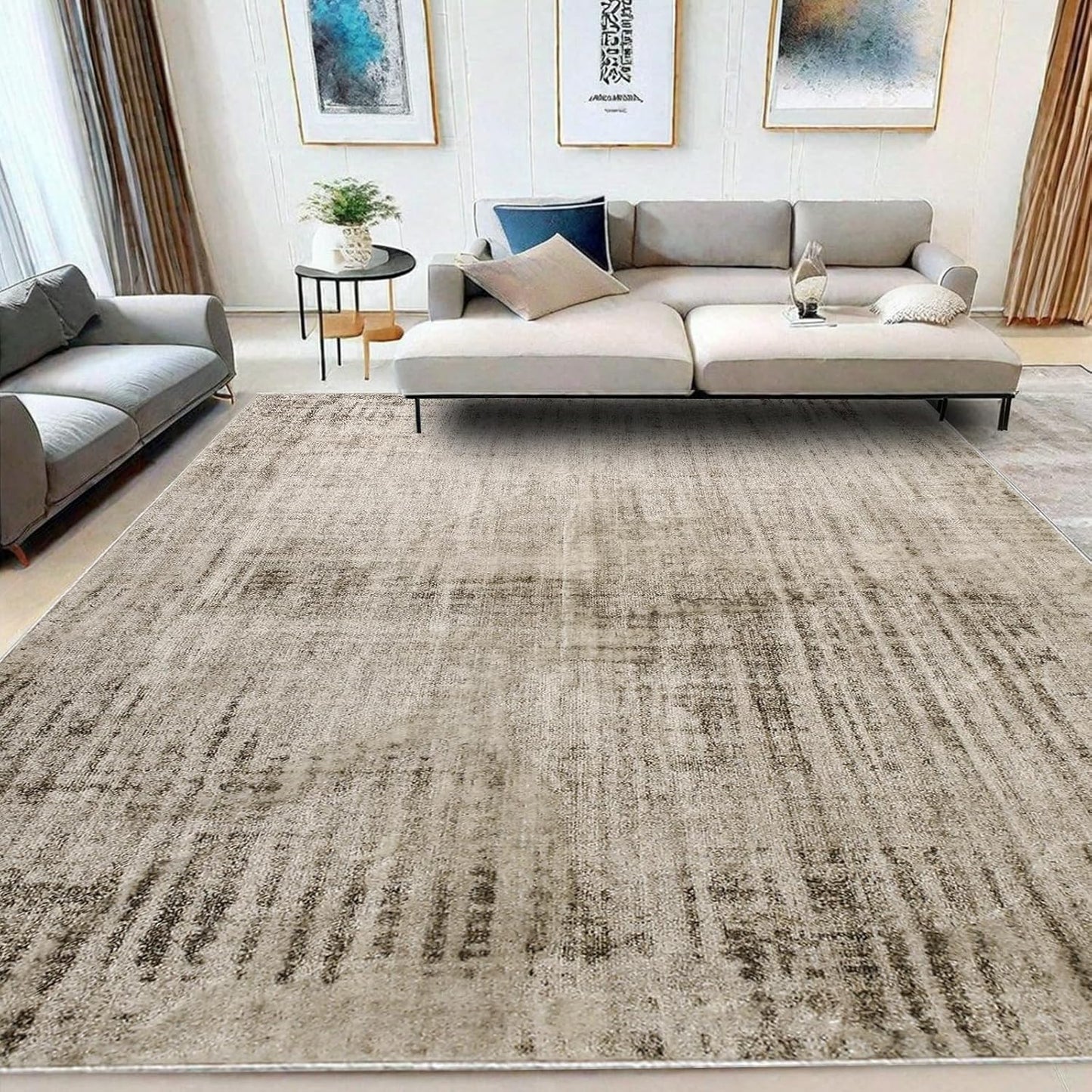 Calore Abstract Area Rugs Modern Carpet Soft Living Room Rug Large Washable Shaggy Rugs for Living Room Bedroom Dining Room Indoor Home Decor (Abstract Beige Grey/Light Brown, 120 x 160 cm)