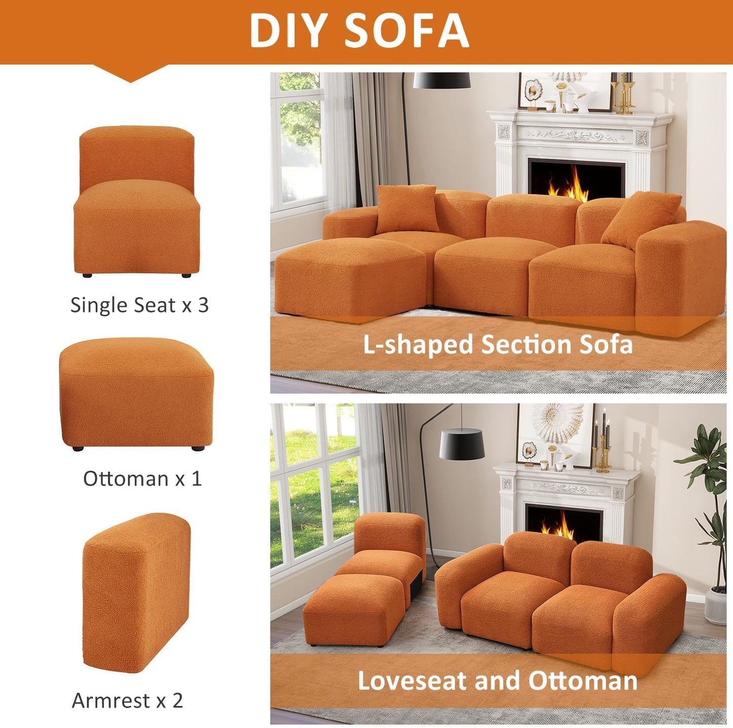 Fangflower L-Shaped Sectional Sofa with Teddy Fabric Reversible Ottoman, Sherpa Futon Couch with 2 Pillows for Living Room Apartment, 94 inch, Orange