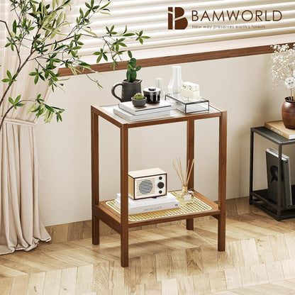 Bamworld Rattan Side Table Boho NightStand Mid Century Modern End Table Glass Bedside Table Small End Tables Bamboo Coffee Table with Storage for Living Room Bedroom, Bamboo Brown (A1)