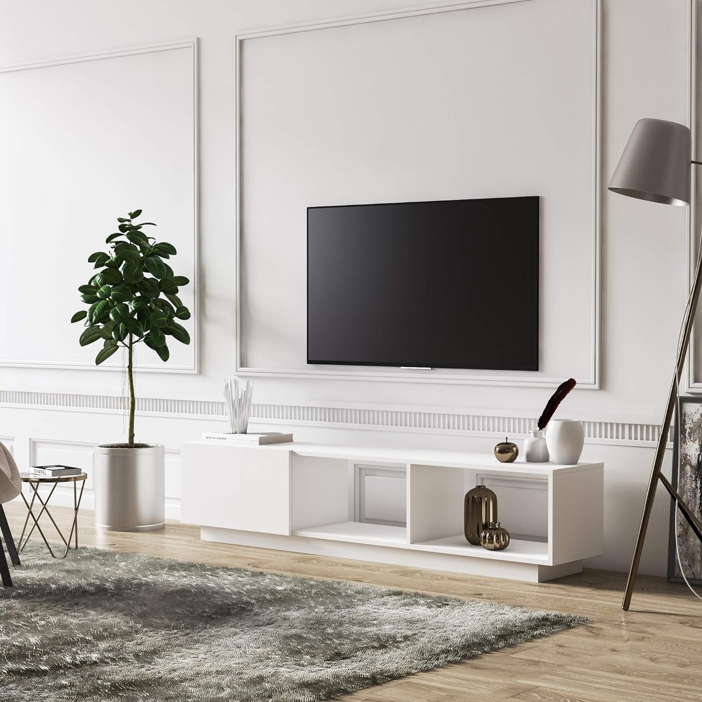 MinimaDecor Modern TV Stand up to 75 inch Entertainment Center with Storage Mid-Century Smart Led TV for Living Room 70" TVs End Table, Lepando, White