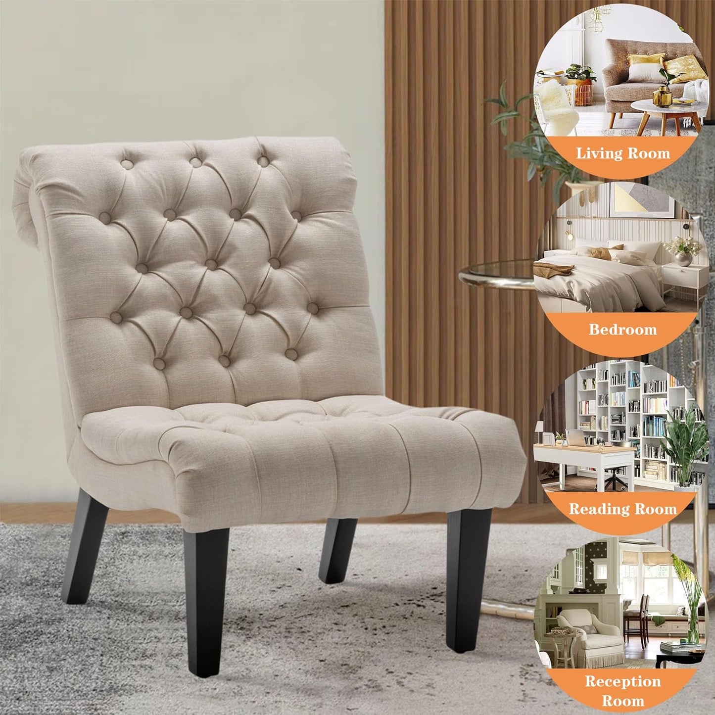 Alunaune Bedroom Chairs Armless Accent Lounge Chair Upholstered Tufted Sofa Backrest Fabric Recliner Living Room Chairs with Wood Legs-Khaki