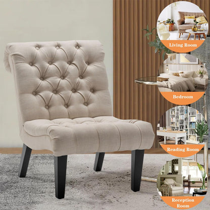 Alunaune Bedroom Chairs Armless Accent Lounge Chair Upholstered Tufted Sofa Backrest Fabric Recliner Living Room Chairs with Wood Legs-Khaki