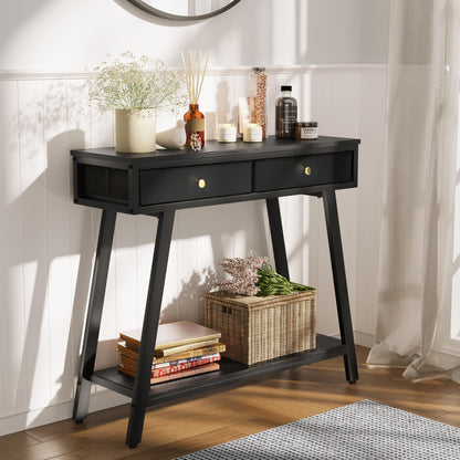 JOINHOM Console Table with Storage for Living Room - Black Narrow Entryway Table with Shelves, Wood Modern Sofa Table for Hallway