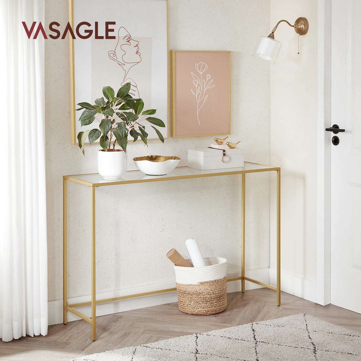 VASAGLE Console Table, Tempered Glass Sofa Table, Modern Entryway Table, Metal Frame, Easy to Assemble, Adjustable Feet, for Living Room, Hallway, Black ULGT026B01