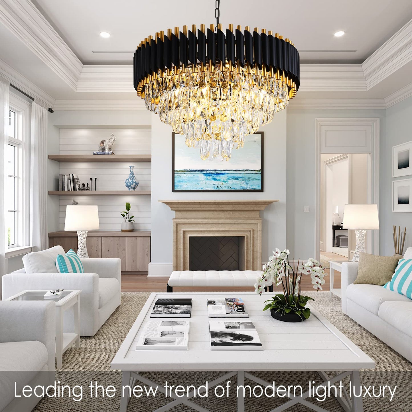 Modern Crystal Chandeliers Gold Black Crystal Chandeliers 3-Tier Round Crystal Chandelier Ceiling Light Fixture Crystal Pendant Light Fixture for Dining Room Living Room Bedroom Foyer Hallway W15.7"