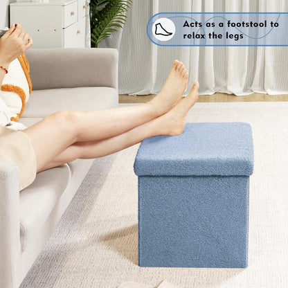 PINPLUS Storage Ottoman Foot Rest Stool, White Folding Sherpa Ottoman, Ottoman with Storage, Teddy Velvet Ottoman for Living Room, Bedroom, Dorm, 16.5" x 12.6" x 12.6"