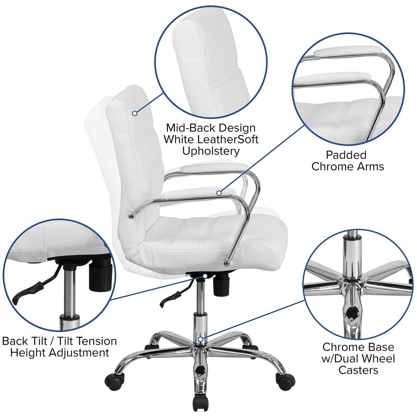 Flash Furniture Executive Office Chair, Ergonomic Contoured And Height Adjustable Leather Seat, Chrome Arms Tilt Lock Lever, White