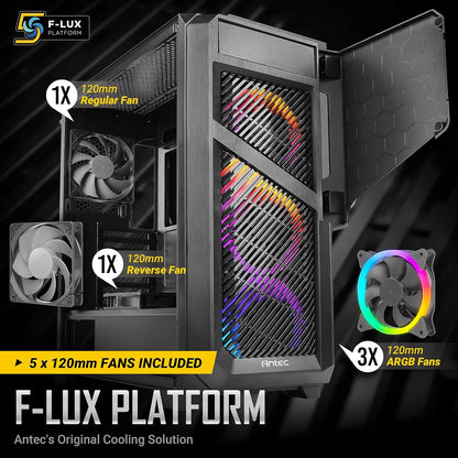 Antec Dark Phantom Dp502 Flux, Mid Tower Atx Gaming Case, Tempered Glass Side Panel, Swing Open Front Panel & Led Strips, F-Lux Platform, 3 X 120 Mm Argb, 1 X 120 Mm Reverse & 1 X 120 Mm Fans Included